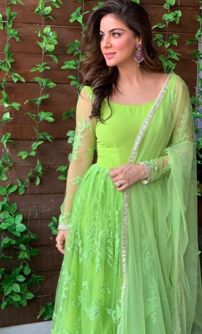 Parrot green net embroidered anarkali suit