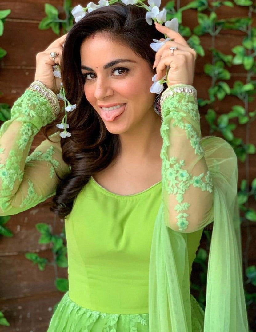 Parrot green net embroidered anarkali suit