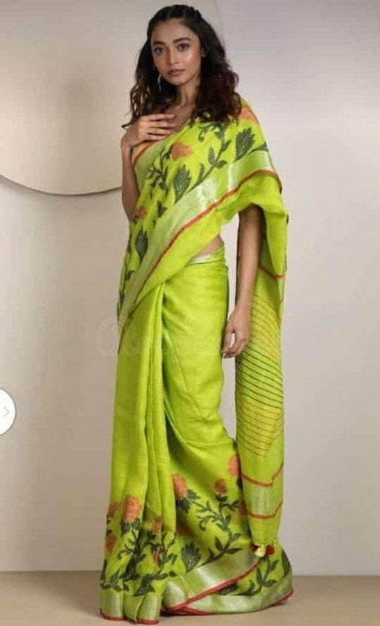 parrot green pure linen satin patta printed saree