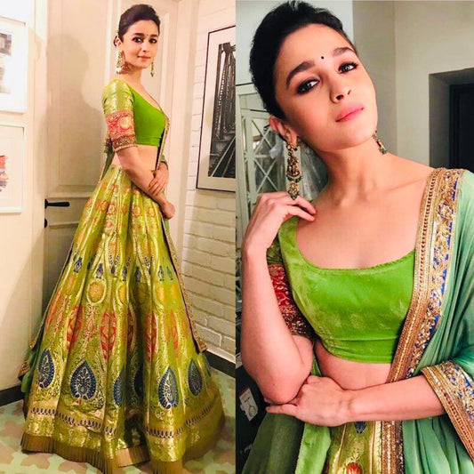 parrot green satin banglori digital printed alia bhatt lehenga choli