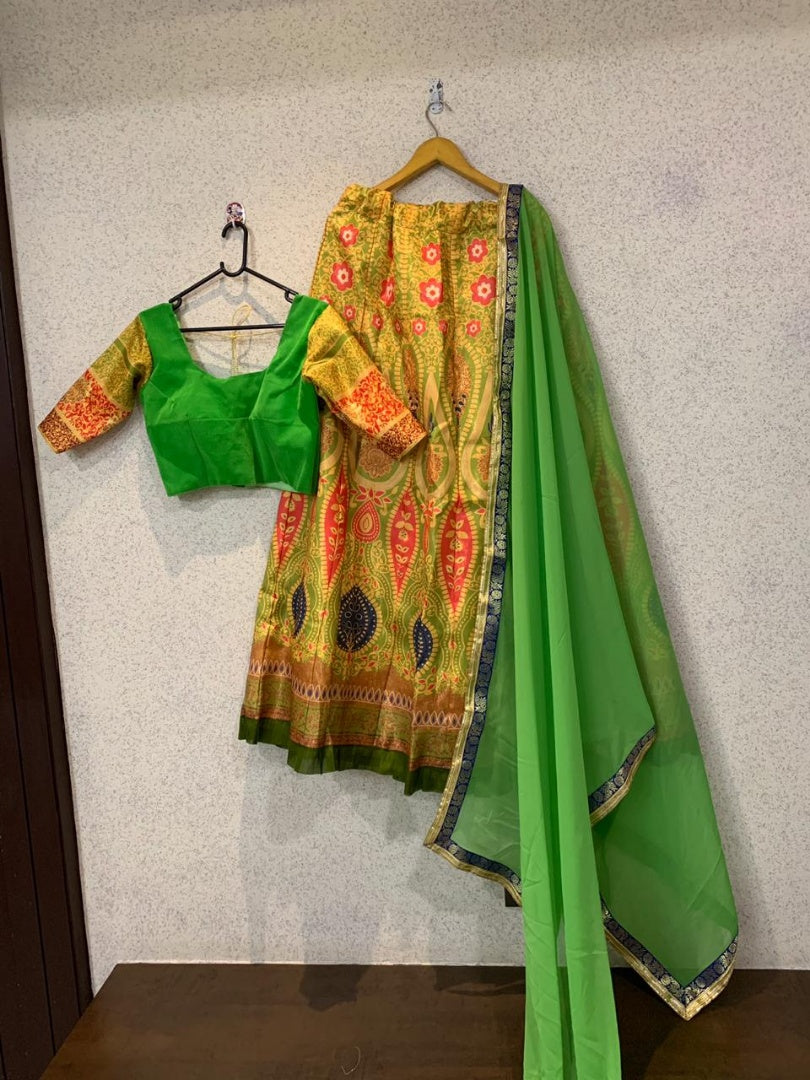 parrot green satin banglori digital printed alia bhatt lehenga choli