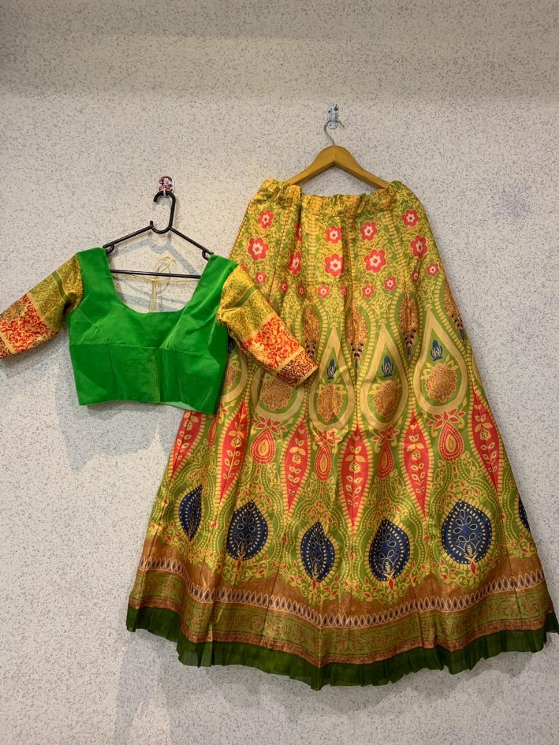 parrot green satin banglori digital printed alia bhatt lehenga choli