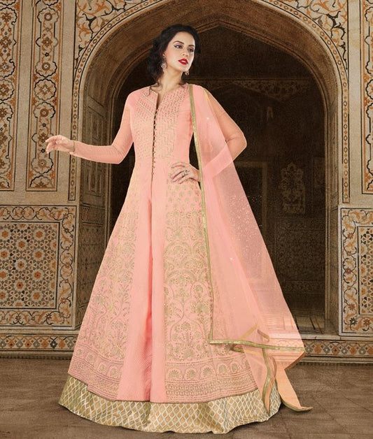 Pastel Pink Colored Jacquard Silk Jari Embroidery With Stone Work Semi Stitched gown