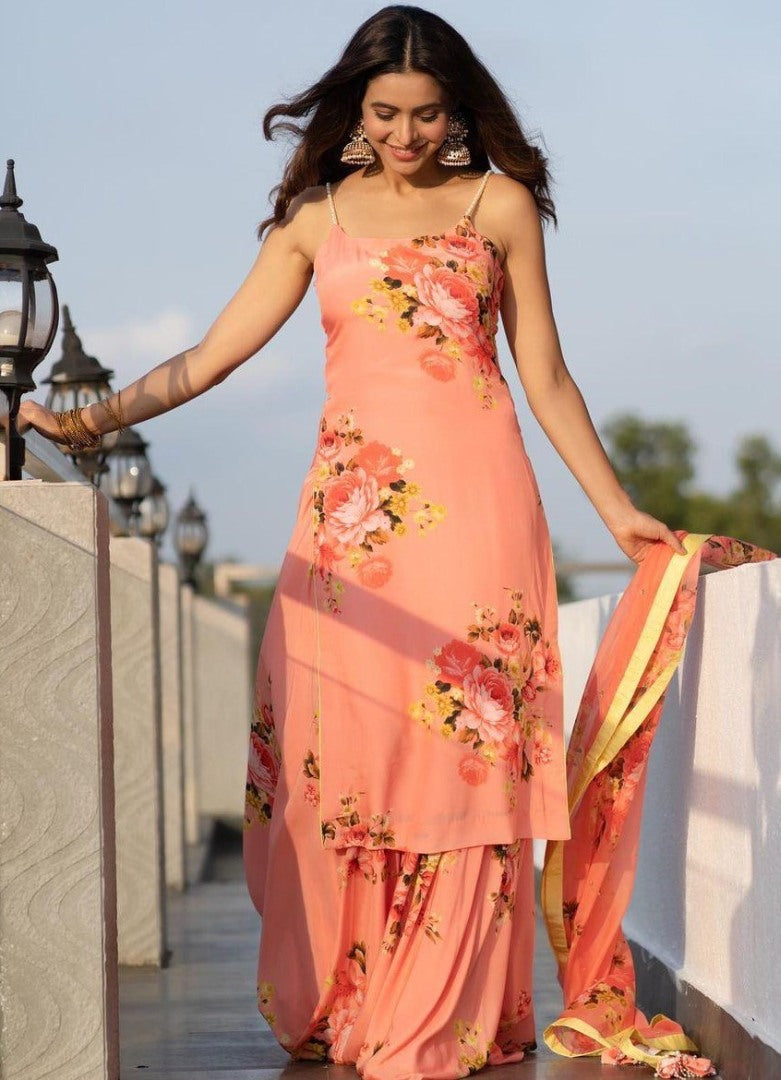 Peach american crepe digital printed work sharara plazzo suit