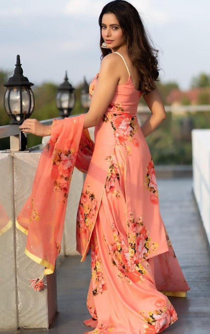 Peach american crepe digital printed work sharara plazzo suit
