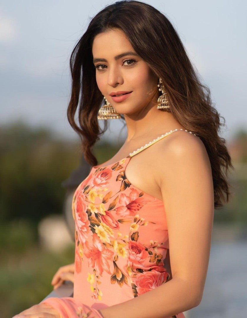 Peach american crepe digital printed work sharara plazzo suit