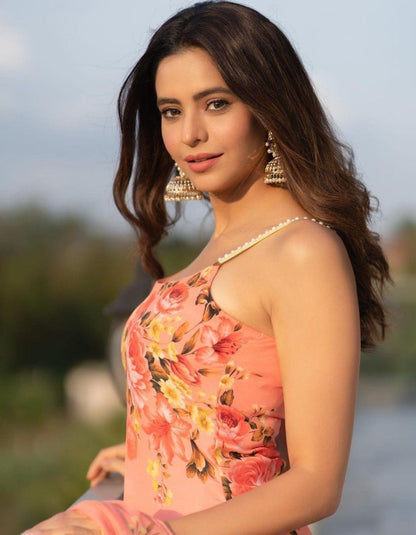 Peach american crepe digital printed work sharara plazzo suit