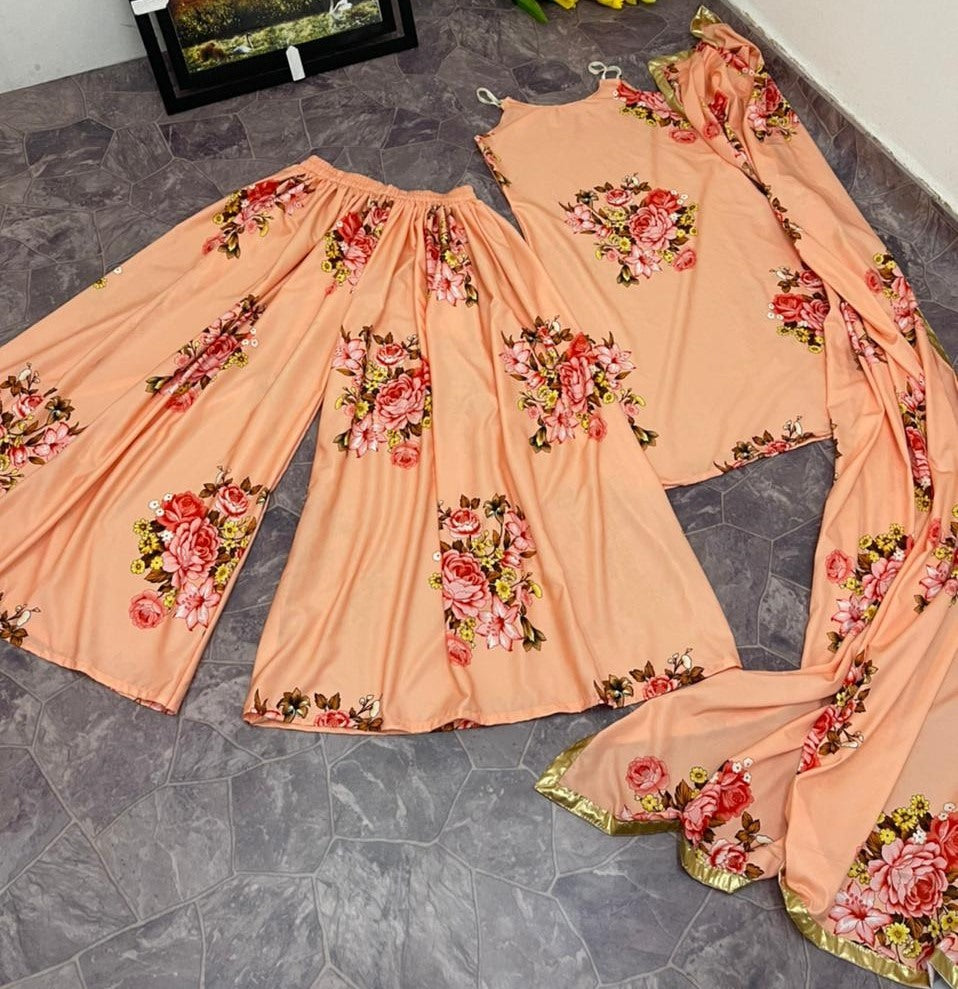 Peach american crepe digital printed work sharara plazzo suit
