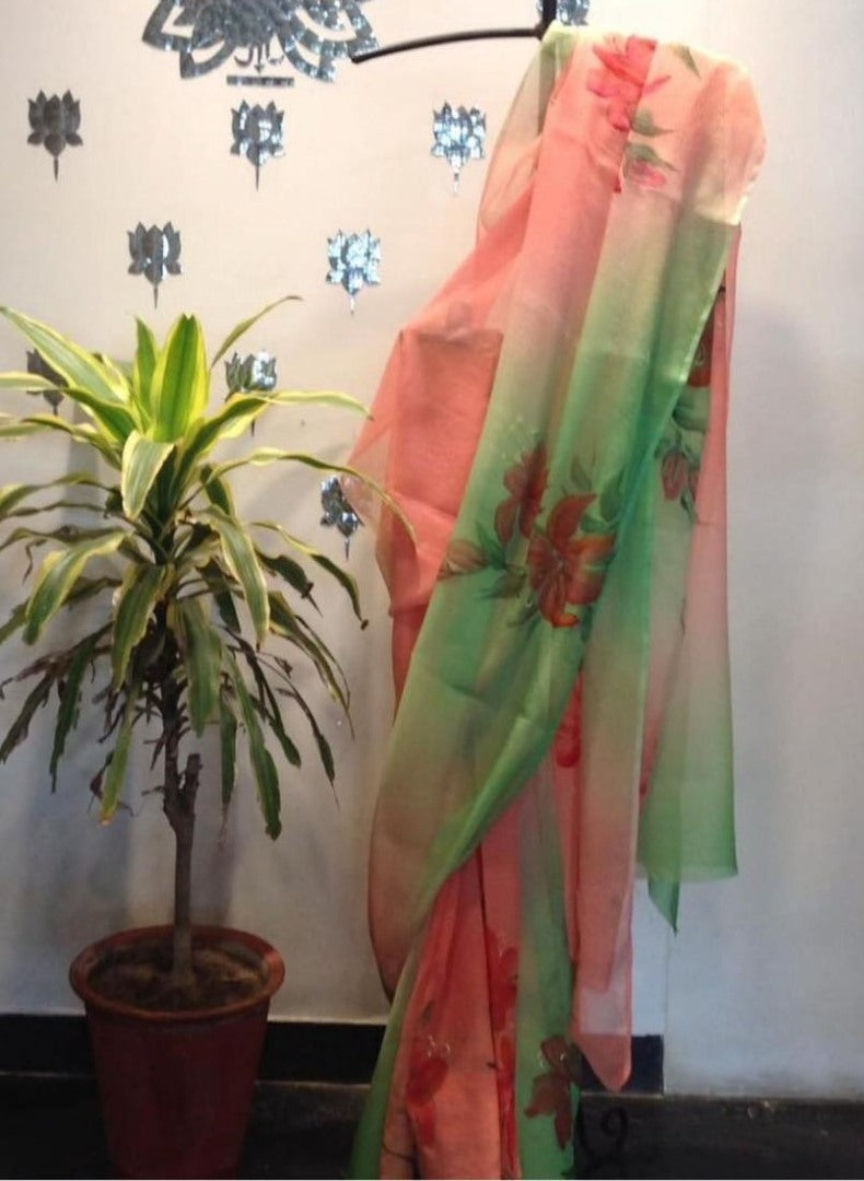 Peach and green digital printed organza saree