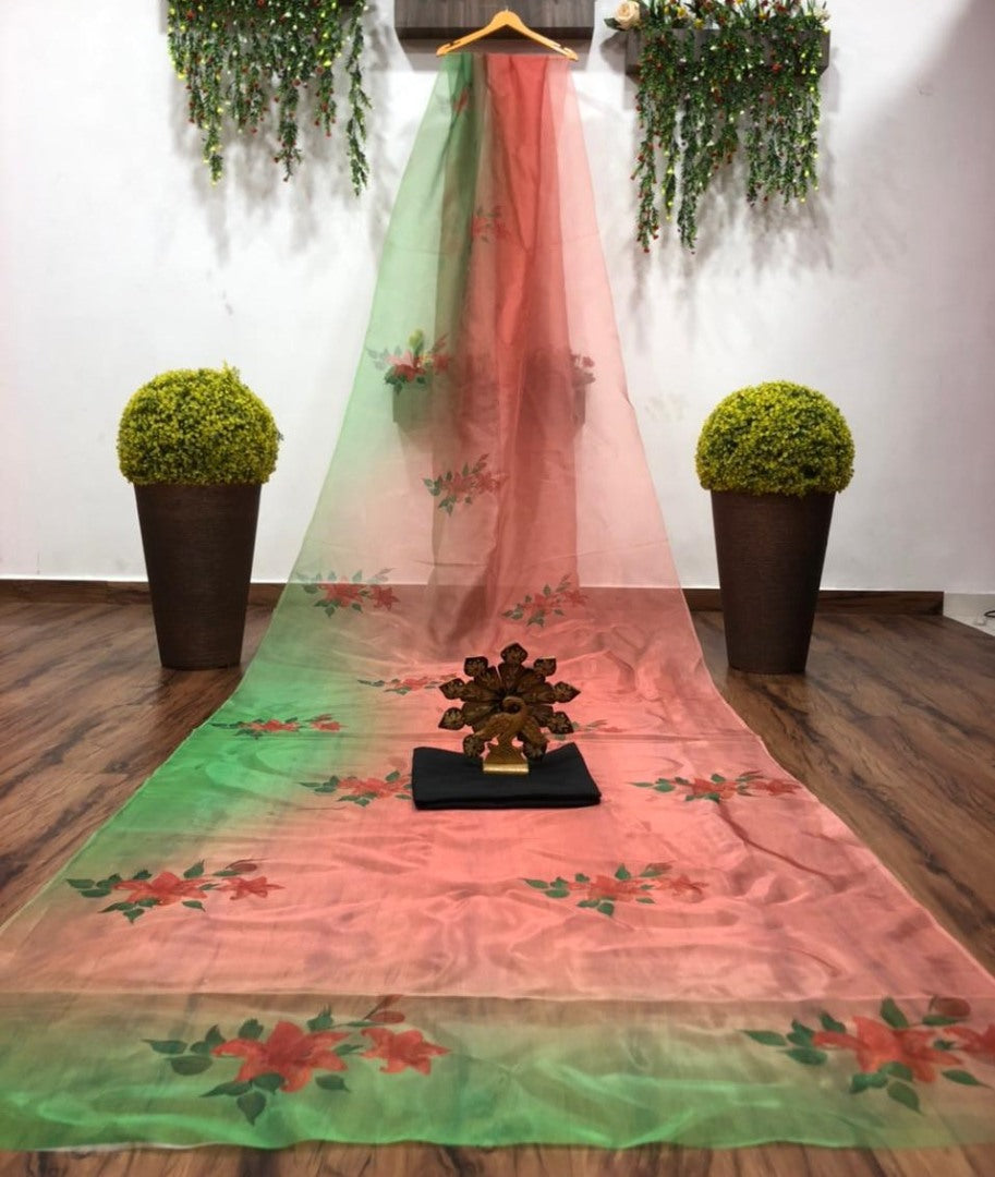 Peach and green digital printed organza saree