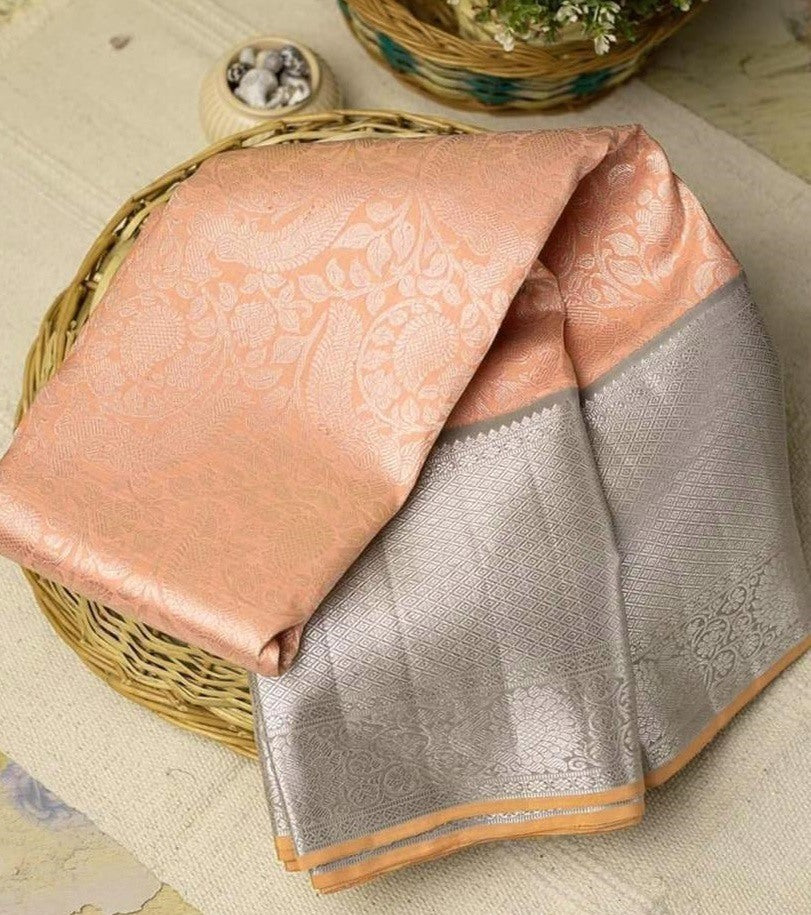 Peach and grey banarasi silk saree