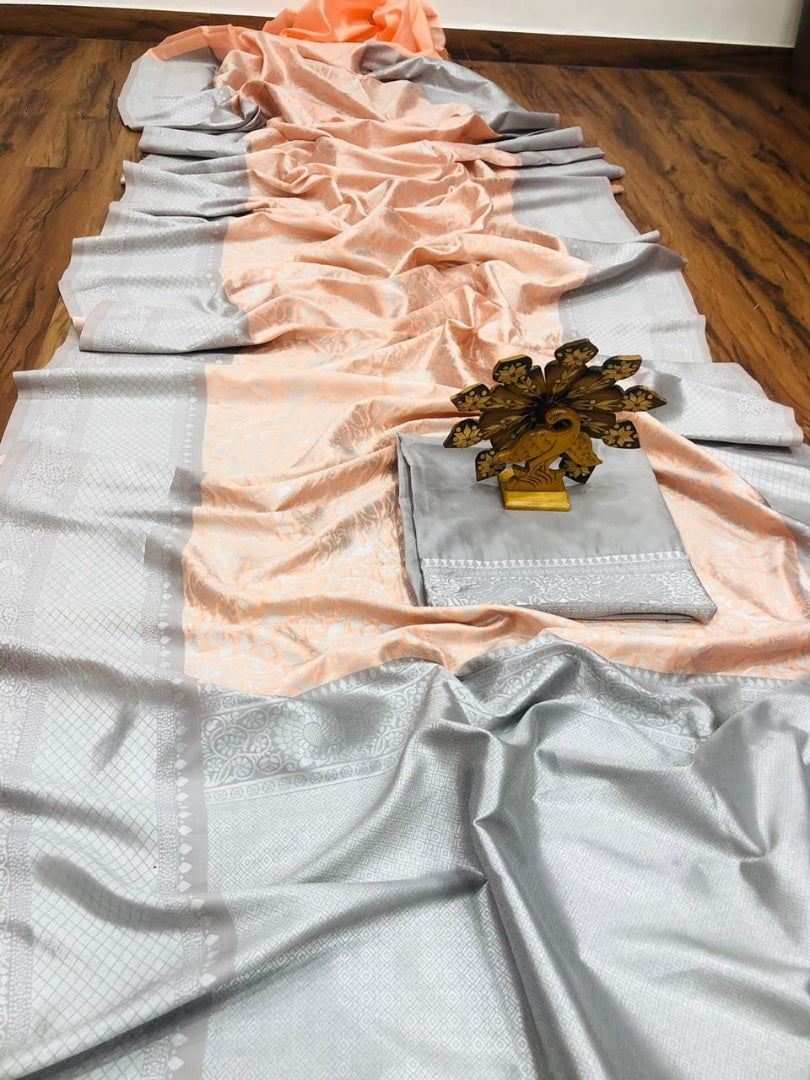 Peach and grey banarasi silk saree