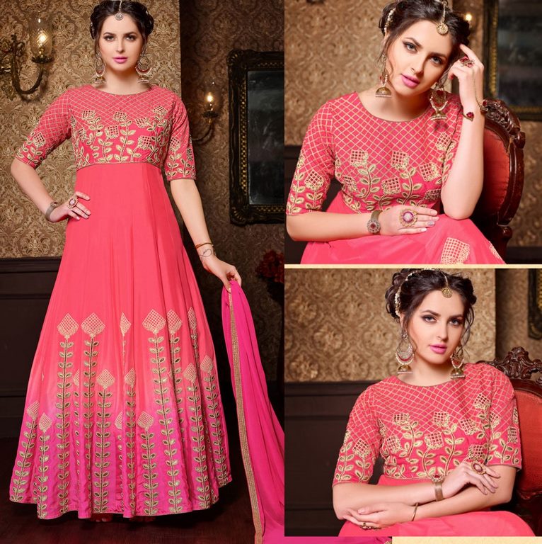 Peach & Pink Colored Santoon Thread & Jari Embroidery Semi Stitched Salwar Suit