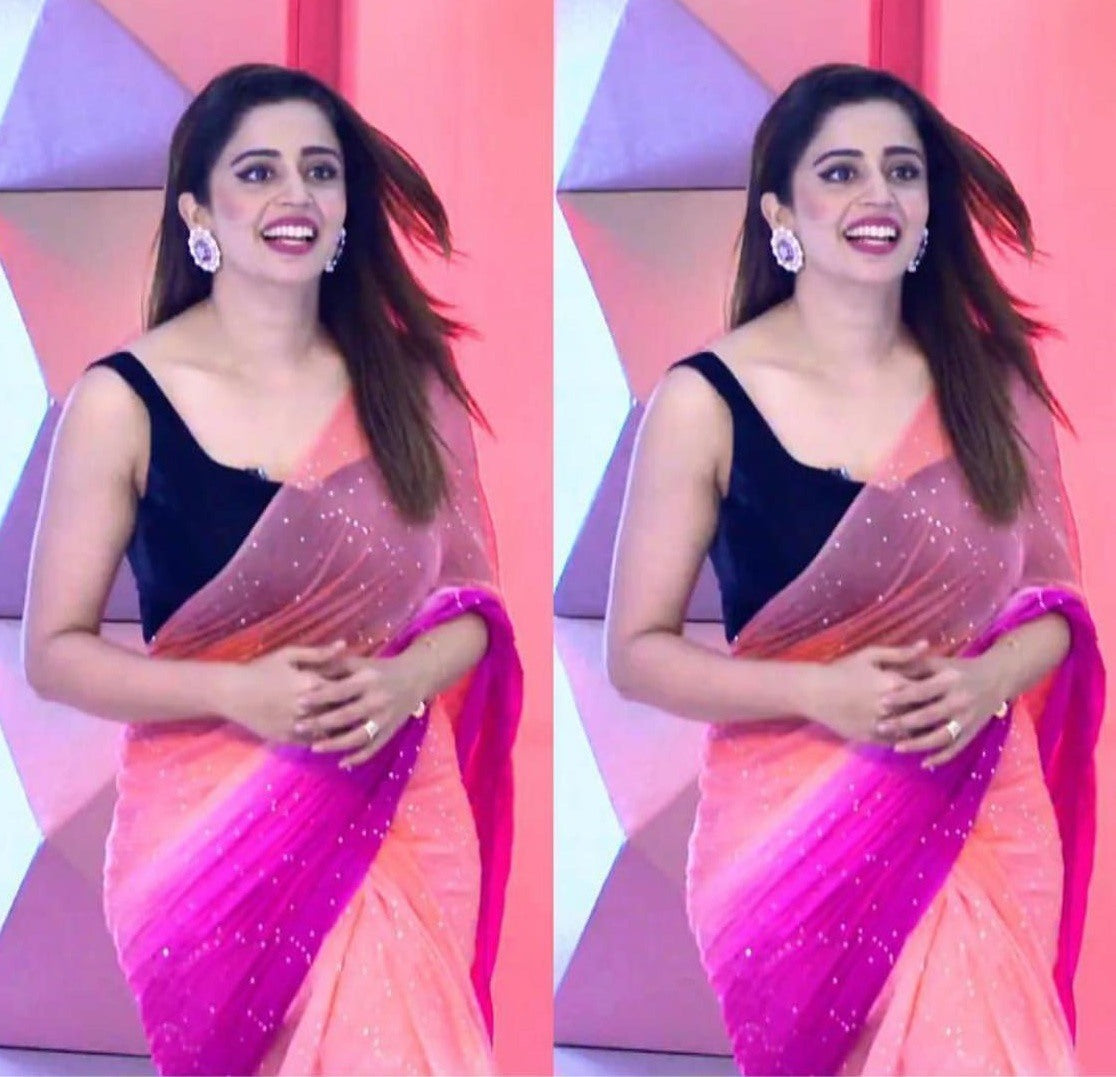 peach and pink multicolor shade moti work partywear saree