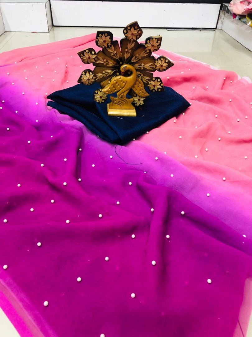 peach and pink multicolor shade moti work partywear saree