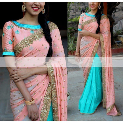 peach and sky georgette embroidered wedding half half saree