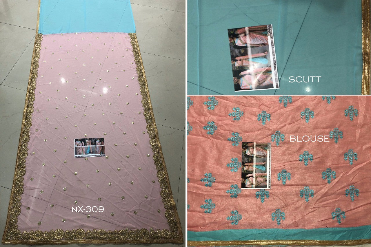 peach and sky georgette embroidered wedding half half saree