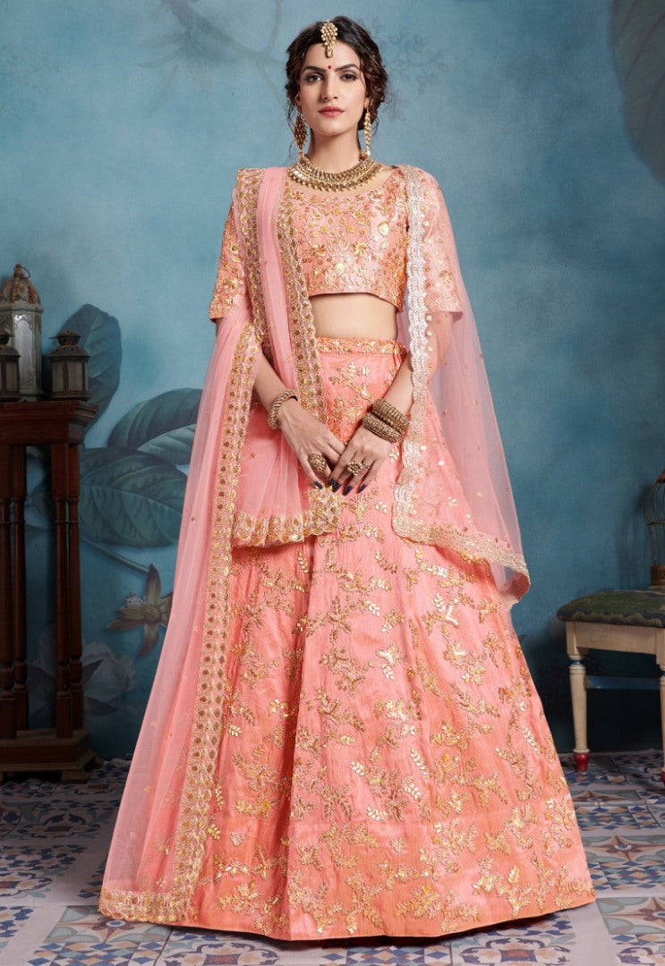 Peach art silk designer embroidered bridal lehenga choli