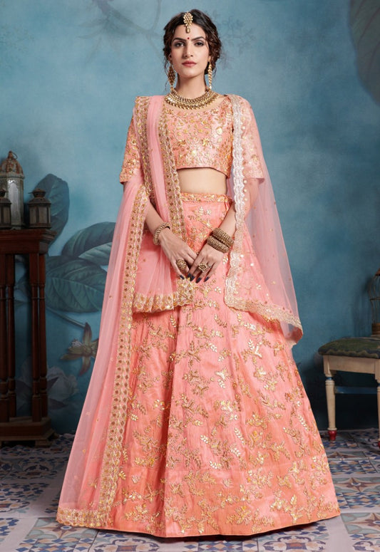 Peach art silk designer embroidered bridal lehenga choli