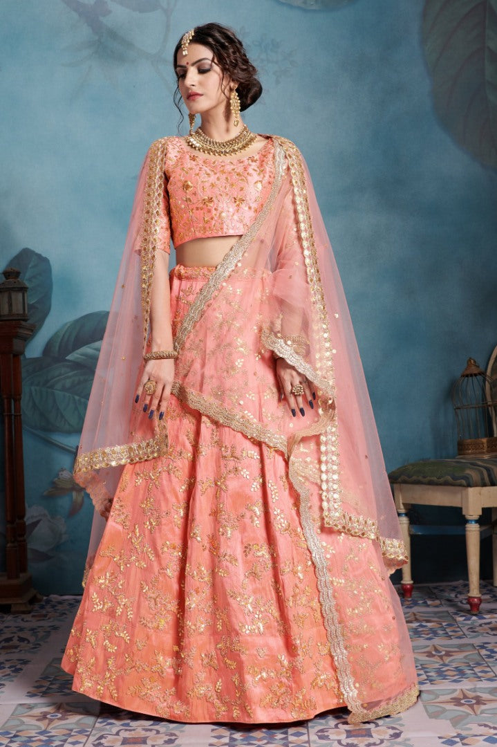 Peach art silk designer embroidered bridal lehenga choli