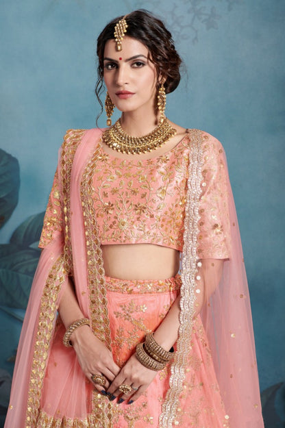 Peach art silk designer embroidered bridal lehenga choli