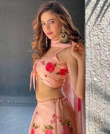 Peach baby satin floral flower printed party wear lehenga choli