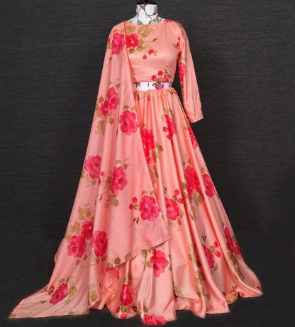 Peach baby satin floral flower printed party wear lehenga choli