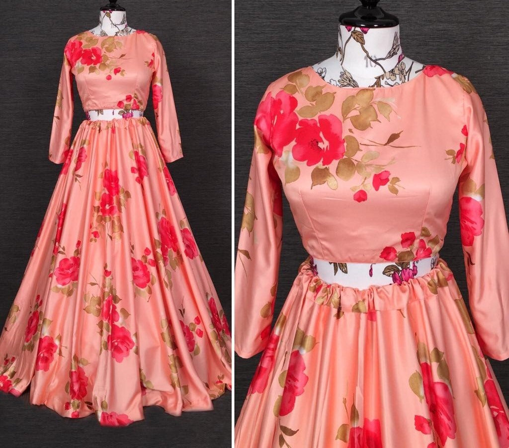 Peach baby satin floral flower printed party wear lehenga choli