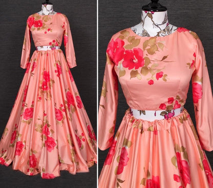 Peach baby satin floral flower printed party wear lehenga choli