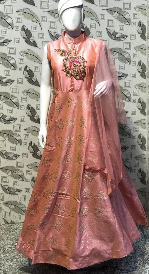 peach bamboo silk jardoshi pearl and crystal handwork wedding gown
