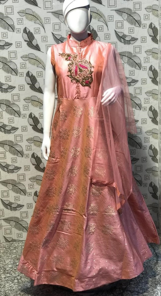 peach bamboo silk jardoshi pearl and crystal handwork wedding gown