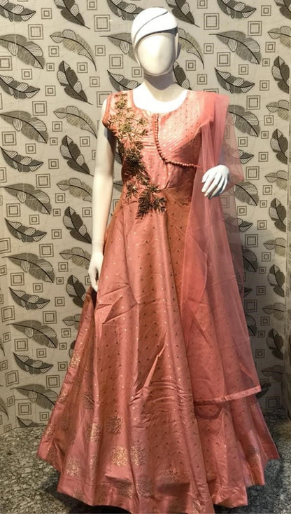 peach bamboo silk zardoshi pearl and crystal handwork wedding gown