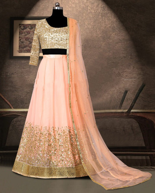 Peach bemberg georgette sequence work designer lehenga choli