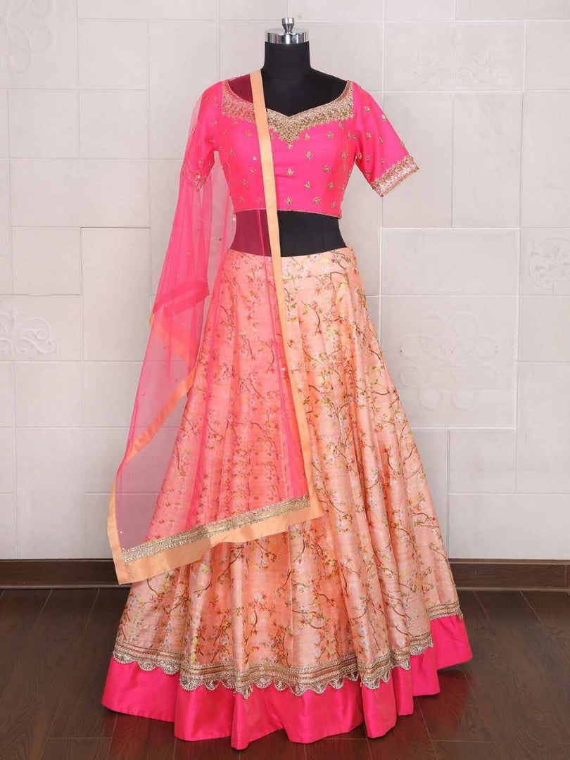 peach broket silk printed navratri festival lehenga