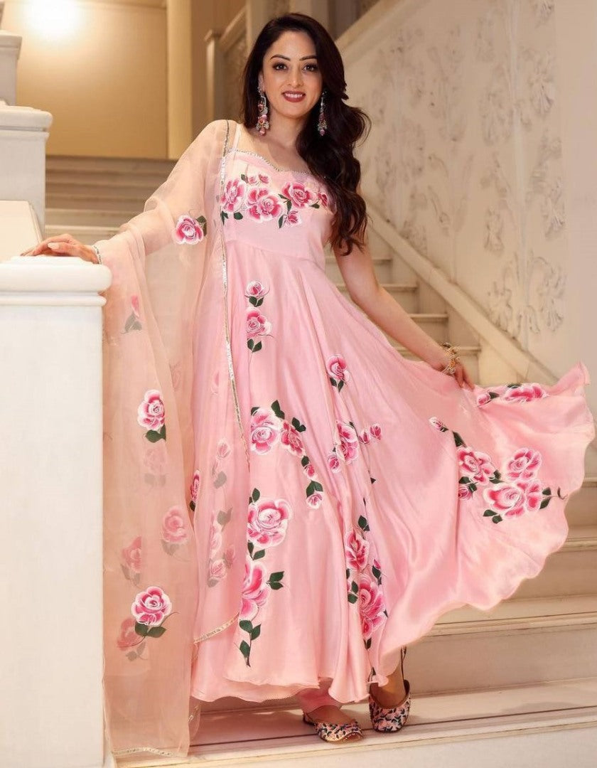 Peach butter silk floral printed ethnic gown