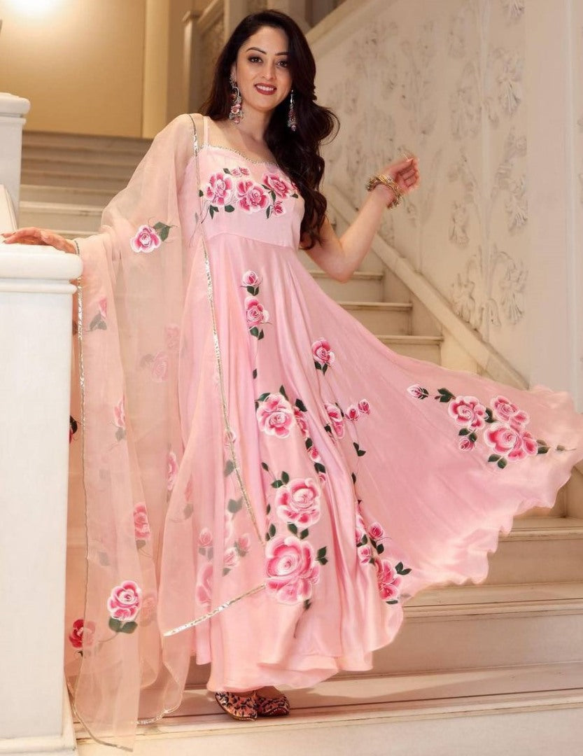 Peach butter silk floral printed ethnic gown