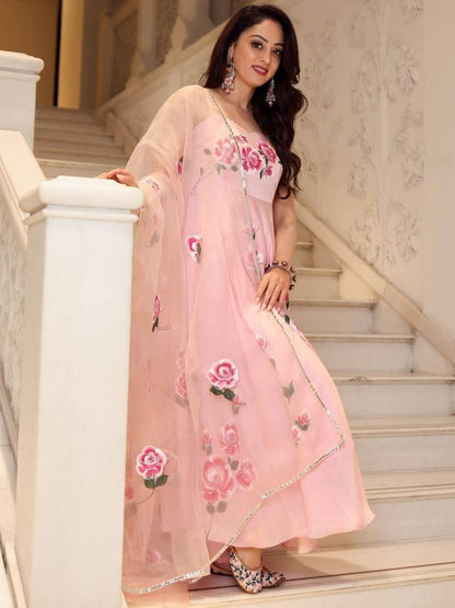 Peach butter silk floral printed ethnic gown