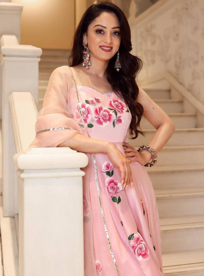 Peach butter silk floral printed ethnic gown