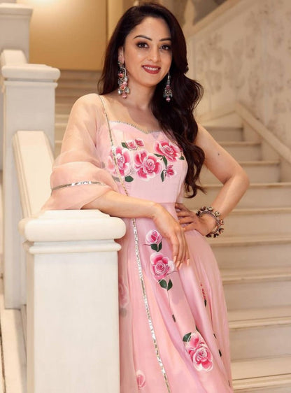 Peach butter silk floral printed ethnic gown