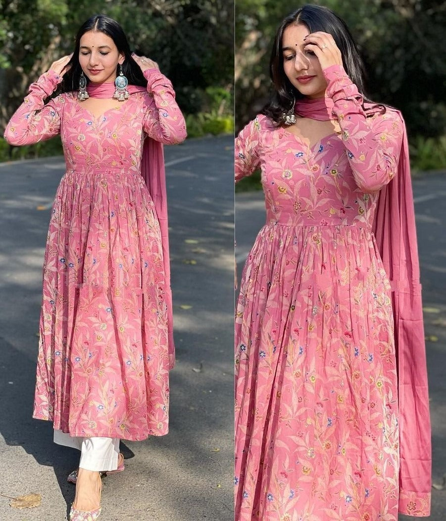 Peach butter silk printed casual anarkali suit