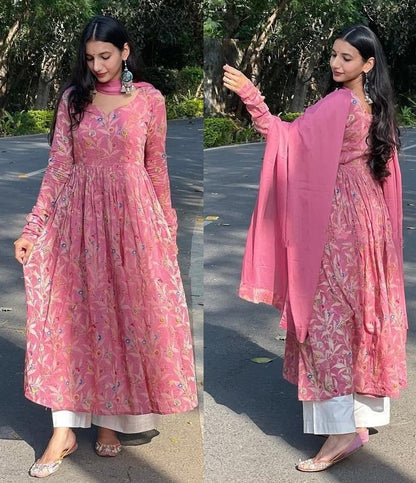 Peach butter silk printed casual anarkali suit