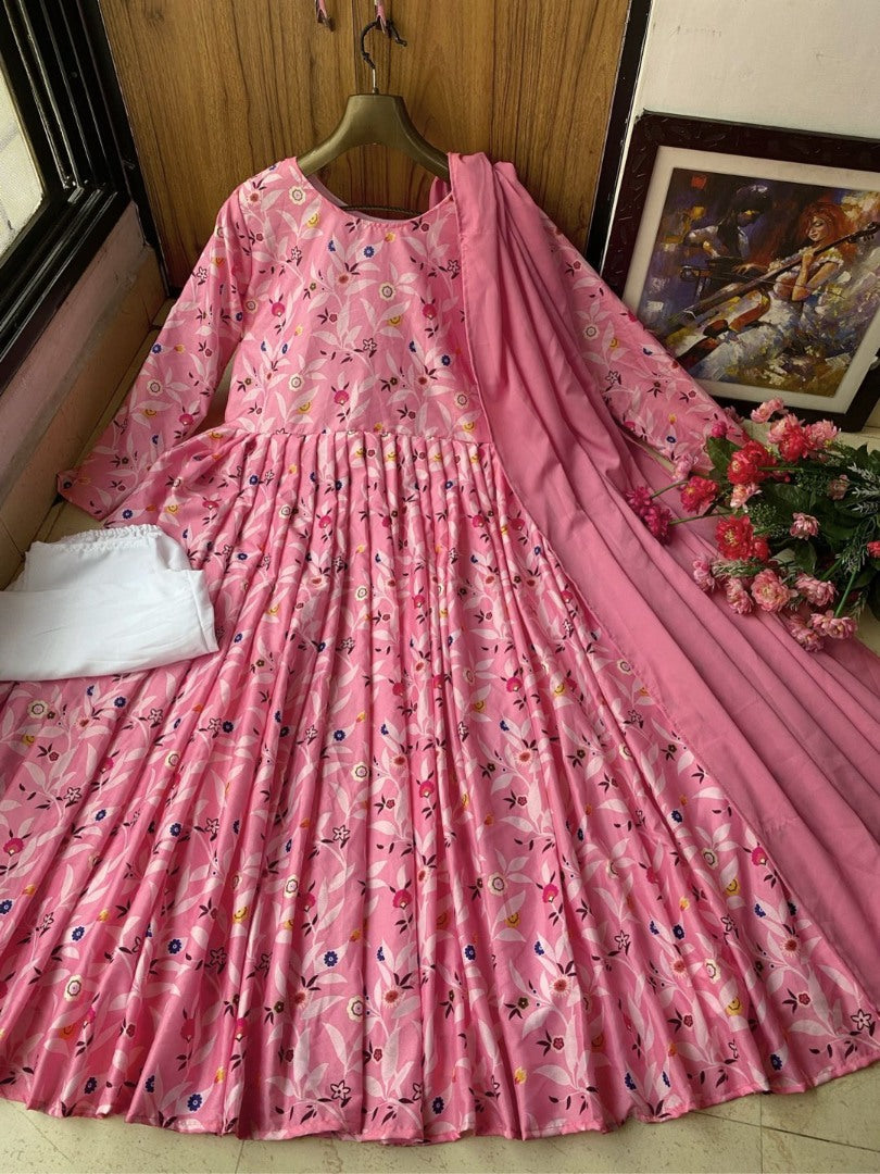 Peach butter silk printed casual anarkali suit