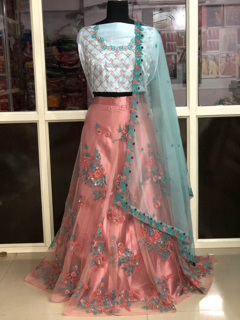 Peach butterfly mono net embroidered wedding lehenga choli