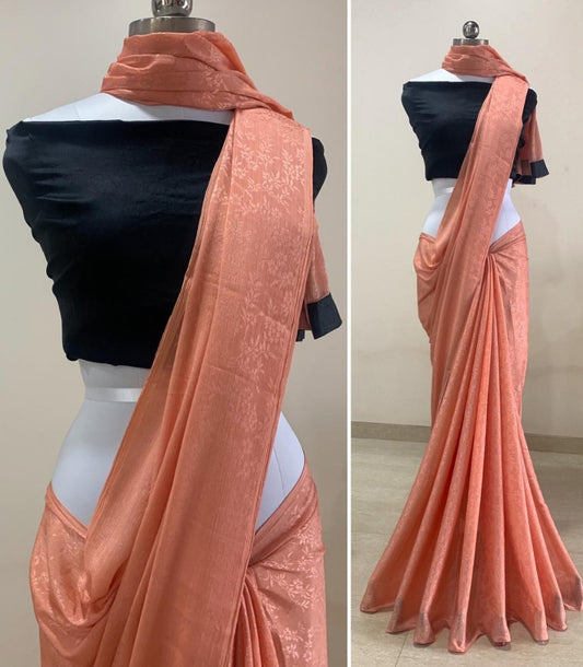 Peach chinon self design work party wear saree