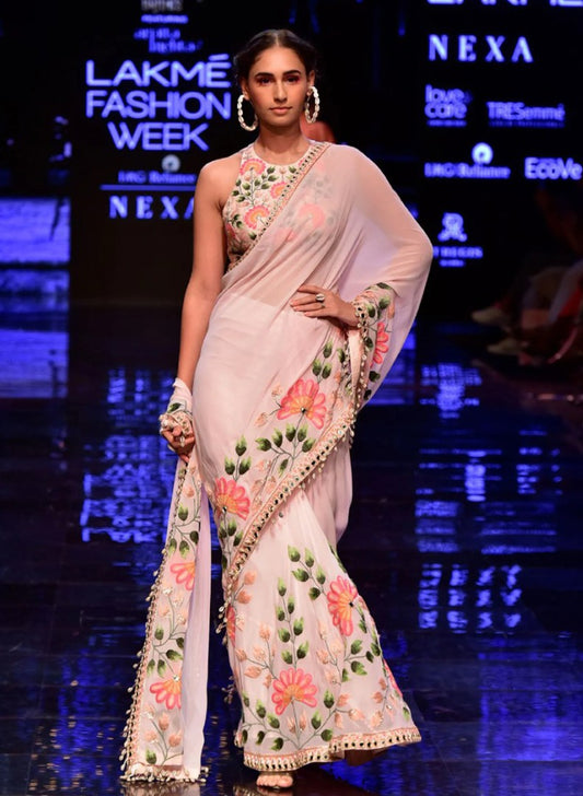 Peach chinon silk digital printed designer saree