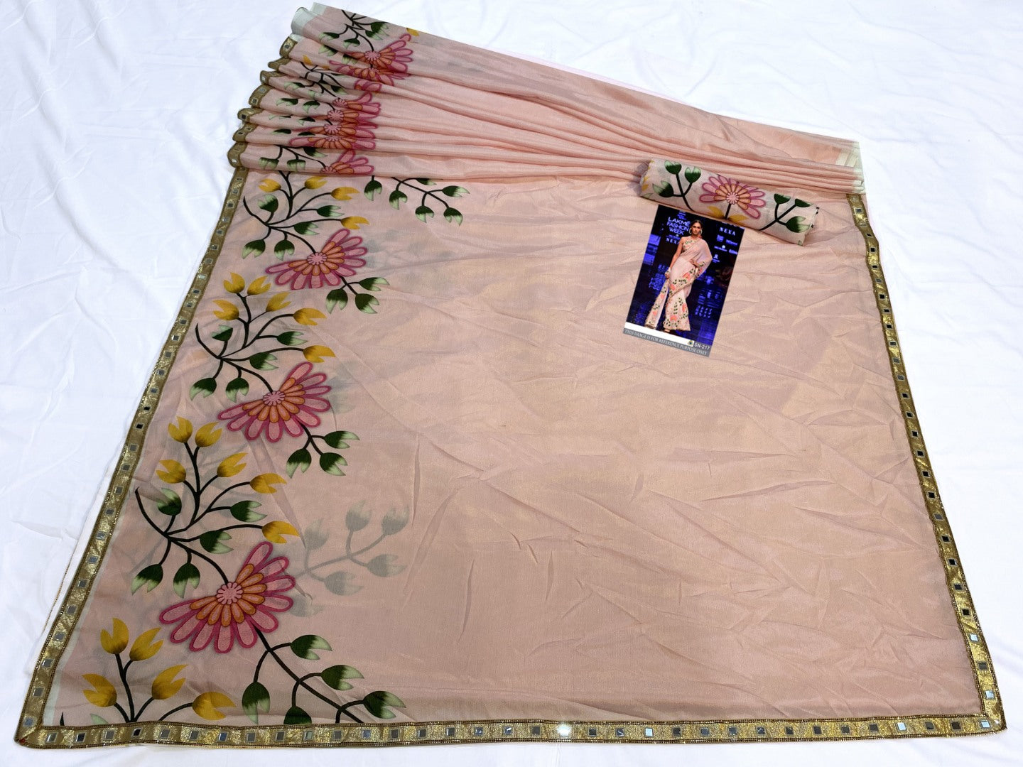 Peach chinon silk digital printed designer saree