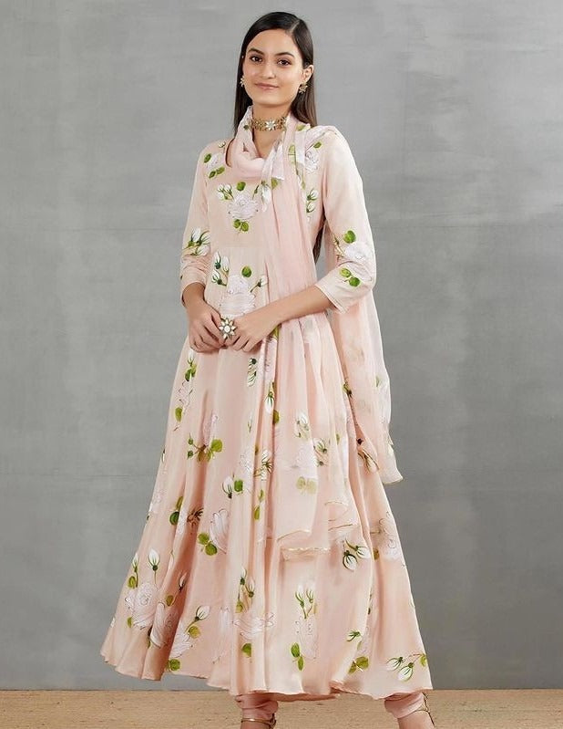 Peach chinon silk digital printed gown