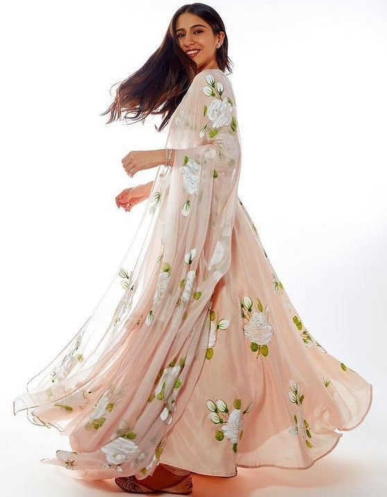 Peach chinon silk digital printed gown