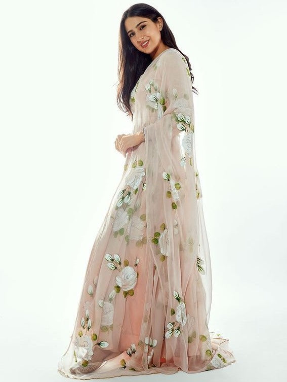 Peach chinon silk digital printed gown