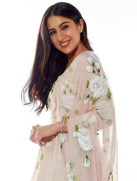 Peach chinon silk digital printed gown